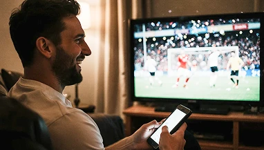 Мужчина делает онлайн-ставку в 1хбет во время просмотра матча