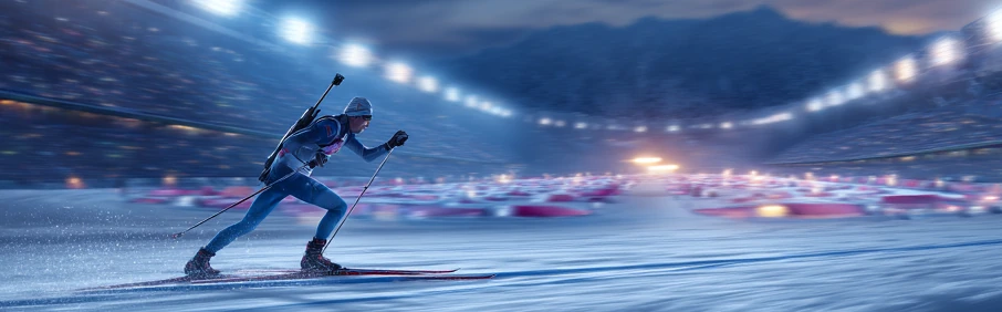 Лыжная гонка на скорости под освещением, коэффициенты на биатлон в 1xBet