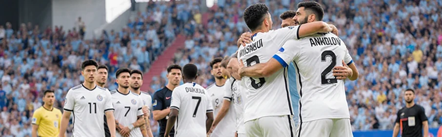 Футбольная команда празднует забитый мяч, live-ставки на матч в 1xBet